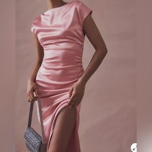 Size Large BHLDN Francesca High-Neck Stretch Satin Midi Dress in Rose